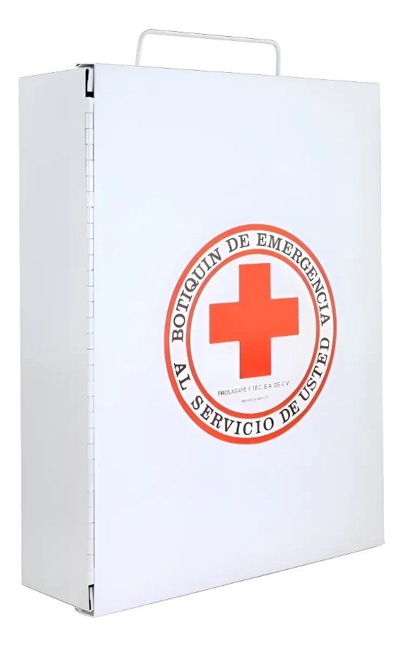 Botiquín metálico blanco grande con asa en la parte superior y emblema de cruz roja