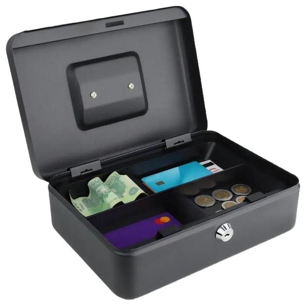 Caja de dinero negra abierta con charola de compartimentos para billetes, monedas y tarjetas